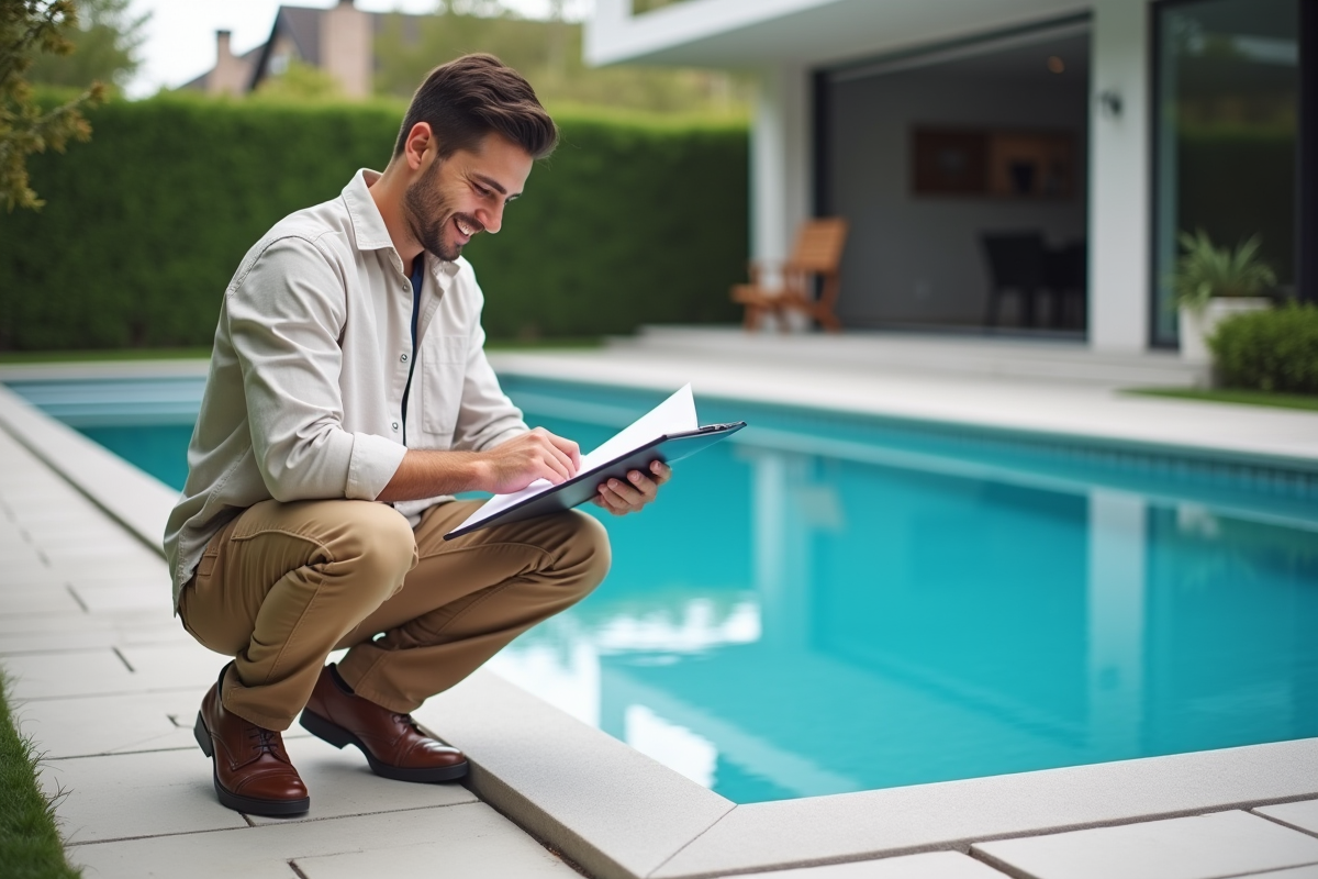 Architecte vérifiant une piscine finie dans un jardin moderne
