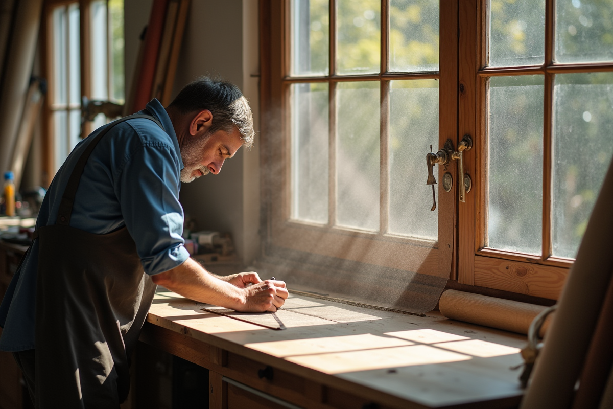 Artisan mesurant une moustiquaire artisanale dans l