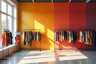 Boutique de mode bien organisée avec mur de couleurs vives