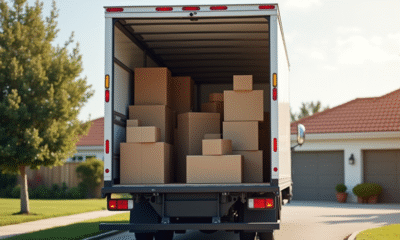 Camion de déménagement dans une banlieue avec meubles et cartons