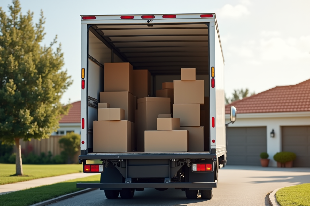 Camion de déménagement dans une banlieue avec meubles et cartons