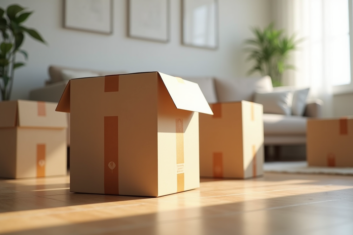 Gros plan de cartons bien scelles sur le sol d un appartement moderne