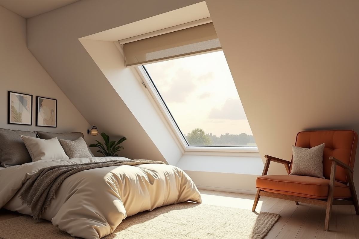 Chambre attic moderne avec Velux GGL M04 lumineuse