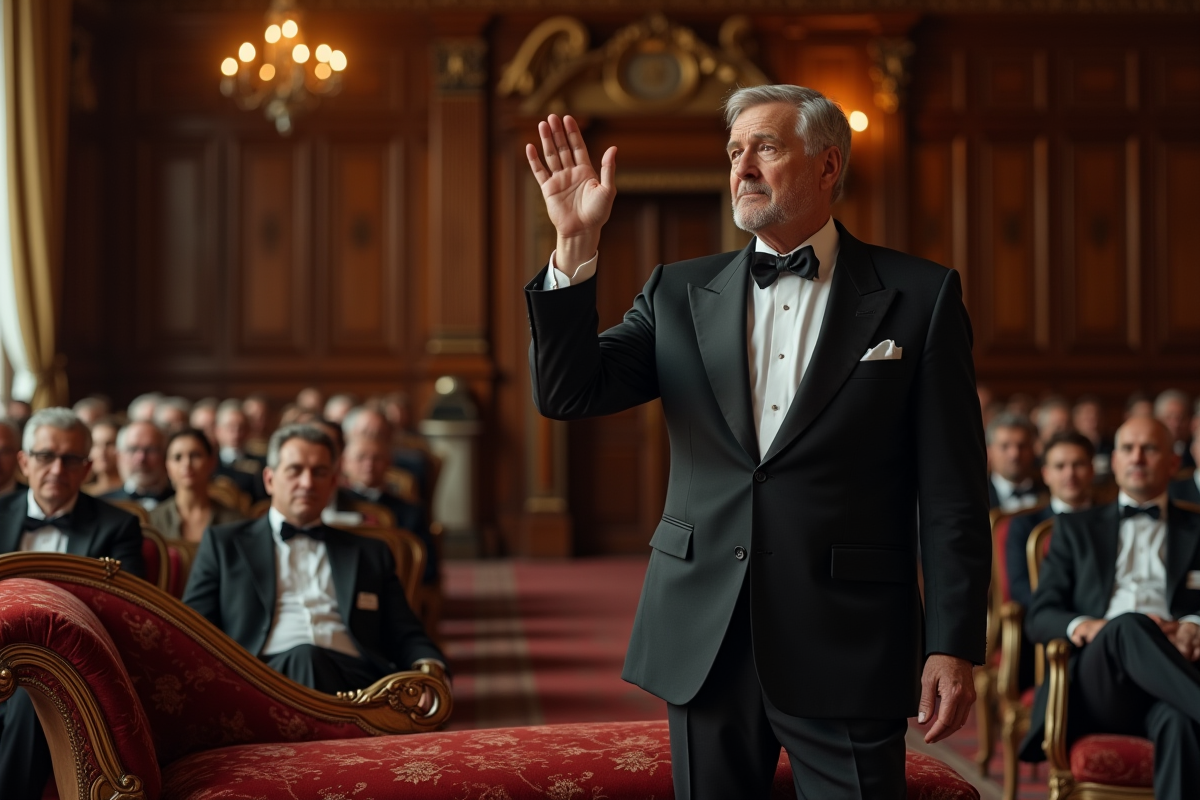 Commissaire d'enchères en costume dans une salle élégante