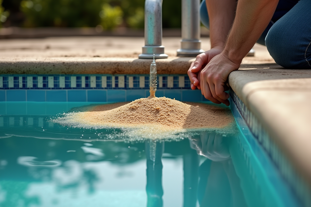 Technicien examinant un filtre à sable de piscine en extérieur