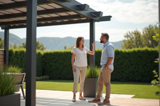 Couple regardant une pergola en aluminium moderne dans le jardin