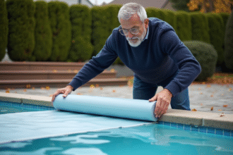 Homme d'âge moyen en jeans et pull bleu couvre la piscine en hiver