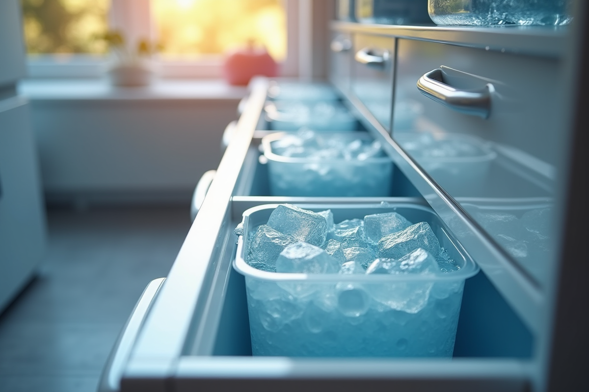 Tiroirs de congélateur ouverts avec glace fondante et serviette