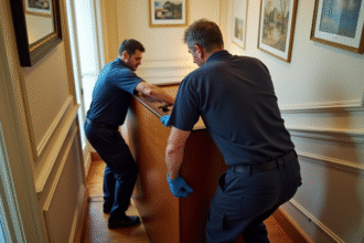 Deux déménageurs manœuvrent un piano droit dans un appartement parisien