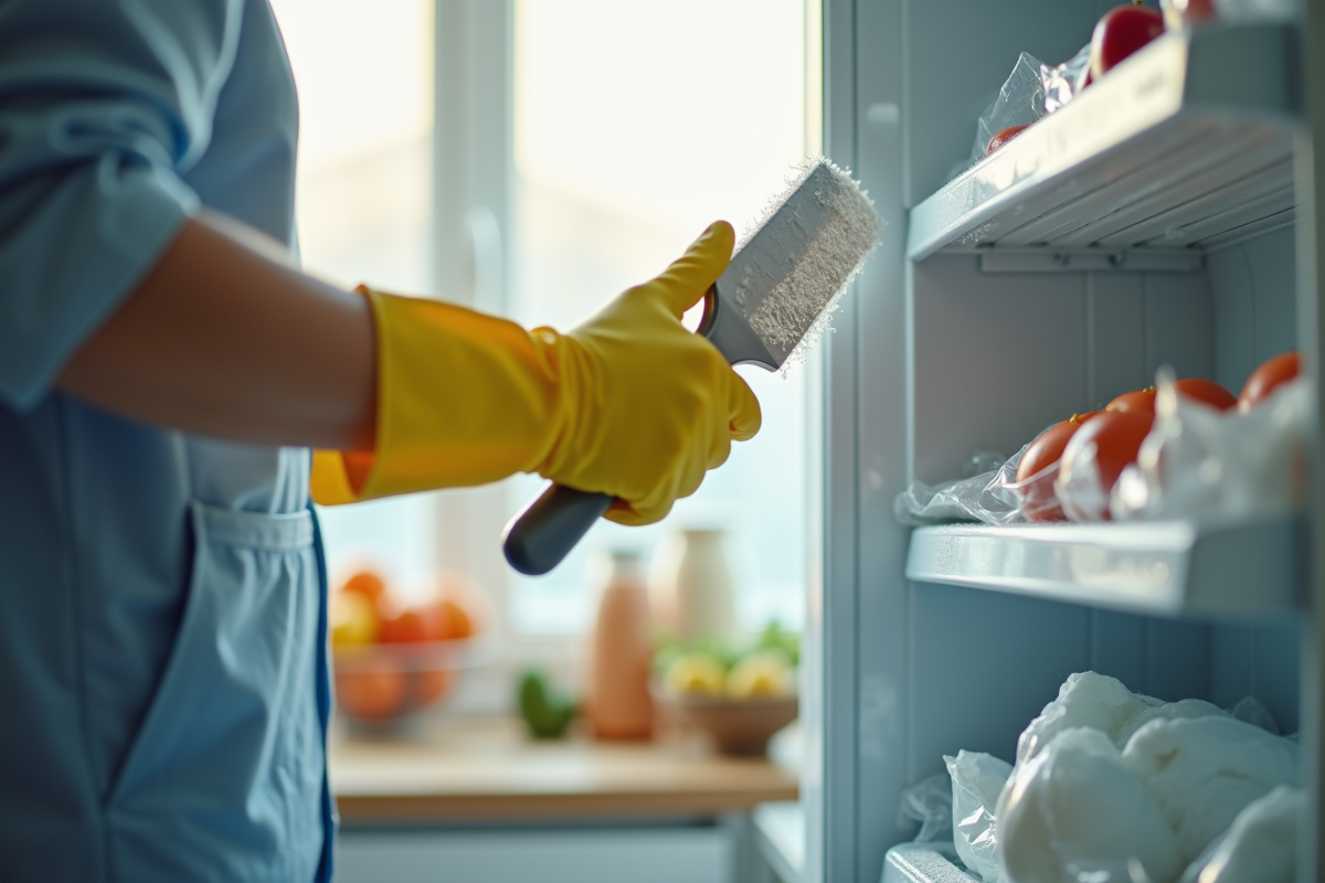 Personne en gants en train de gratter la glace dans un congélateur