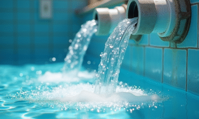 Eau s'écoulant d'une filtration de piscine avec sable visible