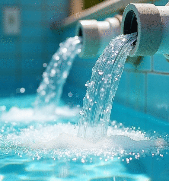 Eau s'écoulant d'une filtration de piscine avec sable visible