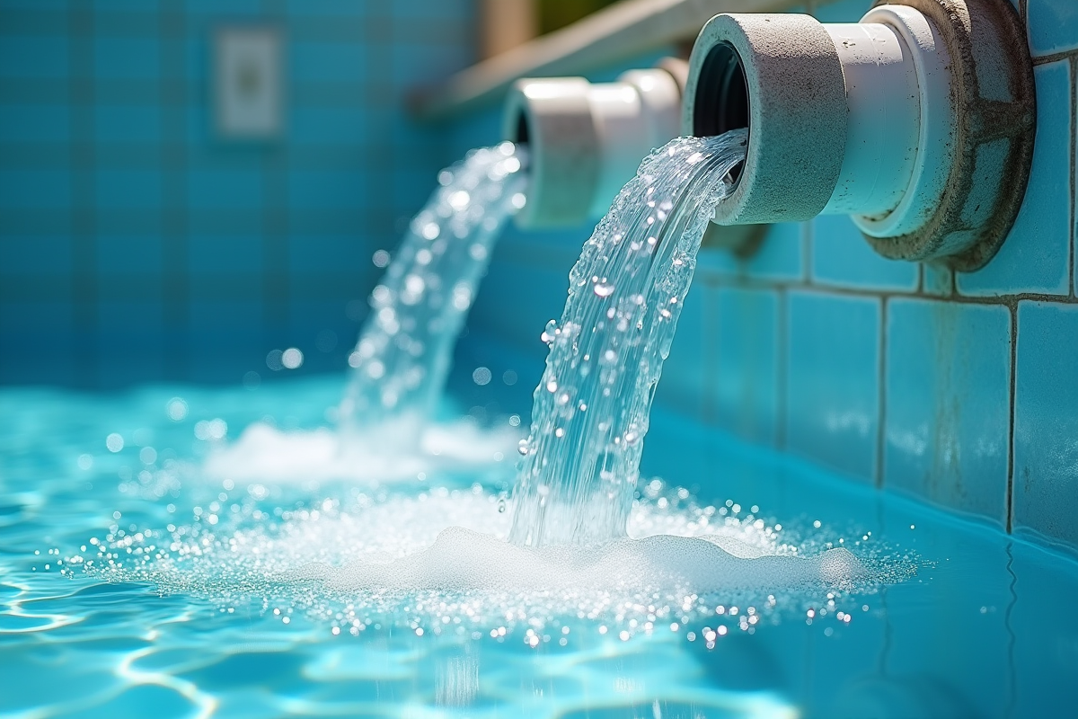 Eau s'écoulant d'une filtration de piscine avec sable visible