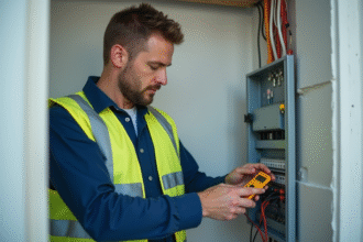 Électricien inspectant un panneau électrique moderne
