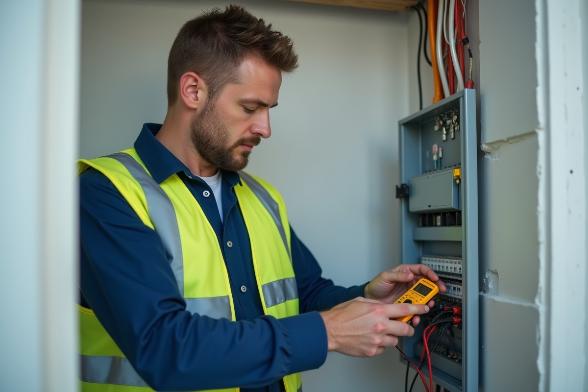 Électricien inspectant un panneau électrique moderne