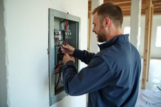 Électricien middleaged installant câbles dans panneau électrique