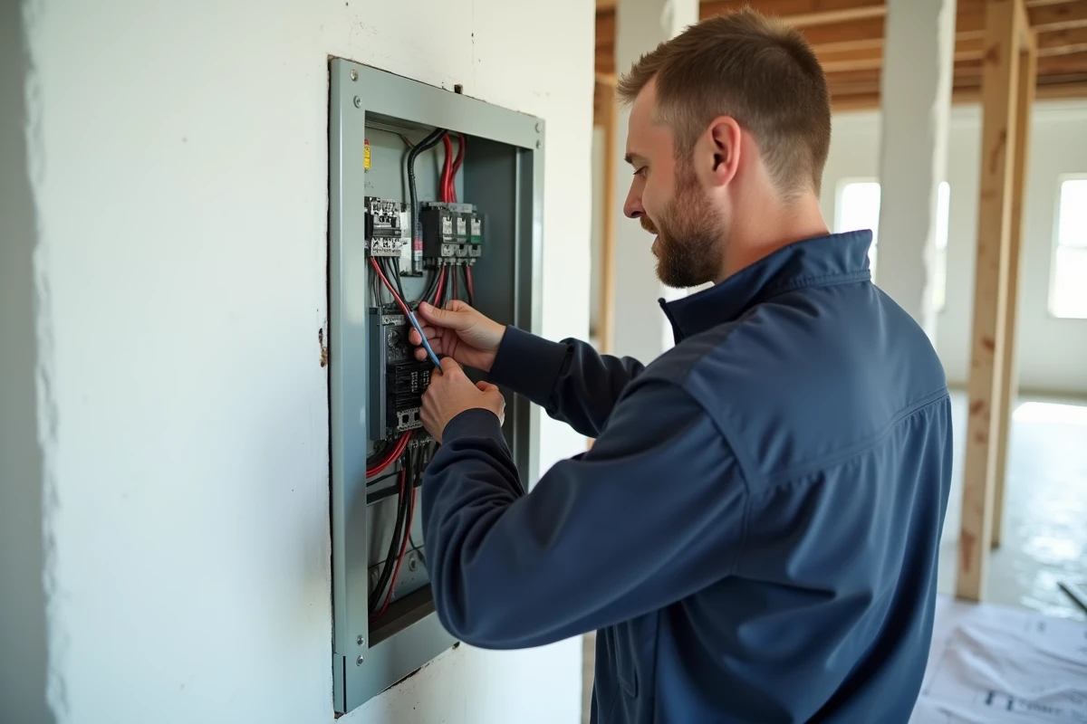Électricien middleaged installant câbles dans panneau électrique
