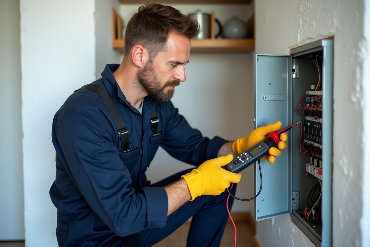 Électricien homme en uniforme vérifiant un panneau électrique intérieur