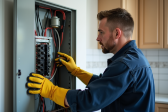 Électricien professionnel examinant un panneau électrique intérieur