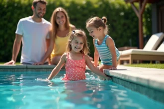 Famille en maillots colorés dans une piscine extérieure