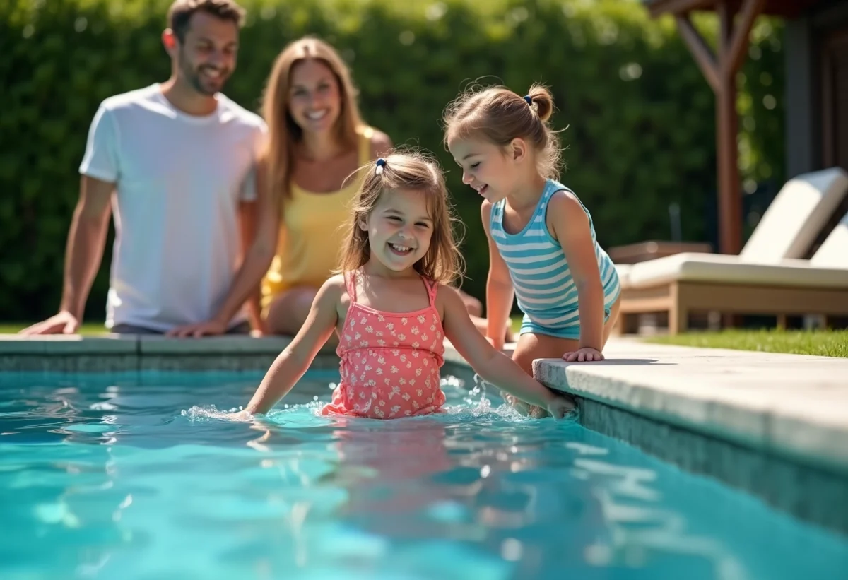 Famille en maillots colorés dans une piscine extérieure