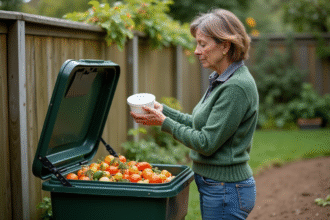 Femme en jeans vert compostant dans le jardin