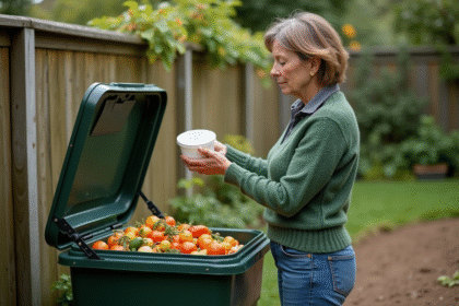Femme en jeans vert compostant dans le jardin