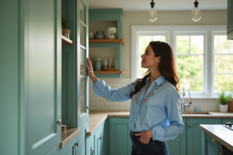 Femme souriante dans une cuisine moderne avec des armoires vert sauge