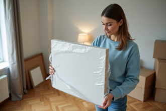 Femme emballant une peinture avec du bulle dans un salon