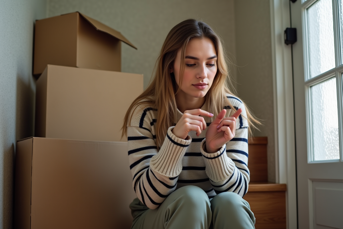 Jeune femme assise sur un escalier avec cartons et regard pensif