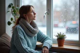 Jeune femme regardant par une fenetre glacée en hiver
