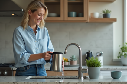 Femme versant de l'eau dans une carafe en cuisine