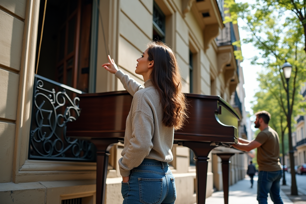 Jeune femme guide des déménageurs pour soulever un piano par la fenêtre