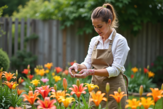 Femme en jardinage fertilisant des lys en extérieur
