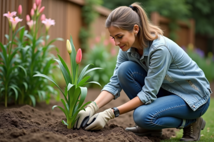 Femme au jardin observant une tige de lys fraîchement coupée