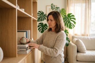 Femme arrangeant des livres dans un salon moderne