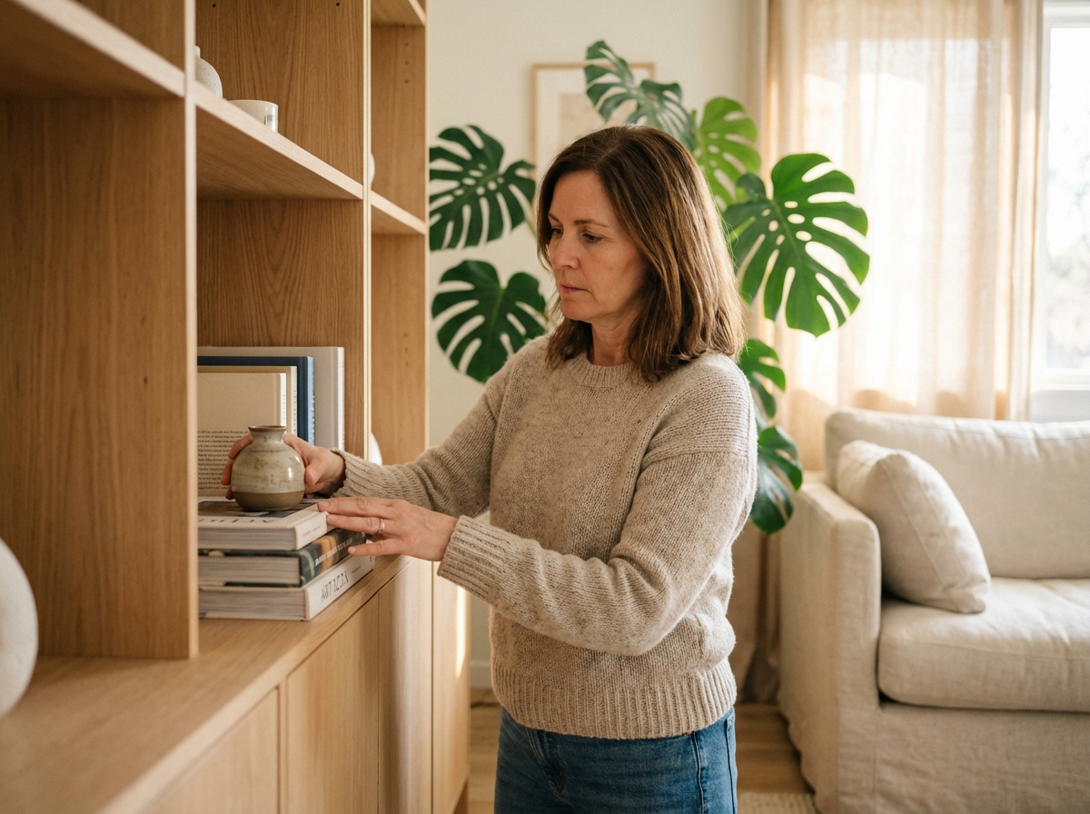 Femme arrangeant des livres dans un salon moderne