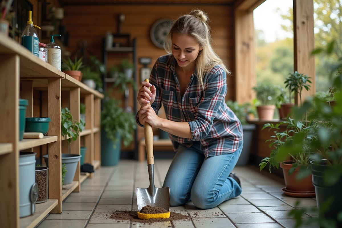 Femme nettoie une pelle dans un atelier de jardinage
