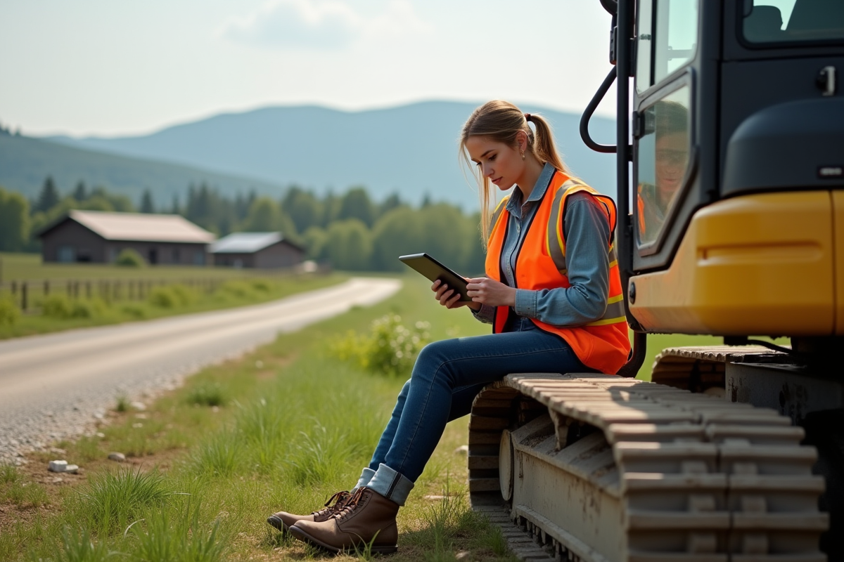 Jeune femme avec tracteur sur propriété rurale
