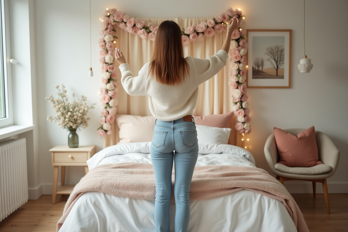 Femme dans une chambre décorée pinçant une guirlande florale