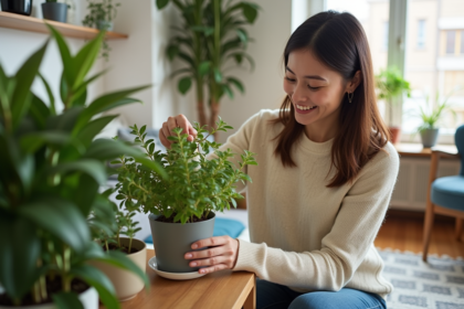 Femme souriante arrosant une plante jade dans un salon lumineux