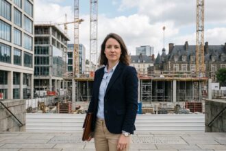Femme professionnelle debout devant un chantier à Rennes