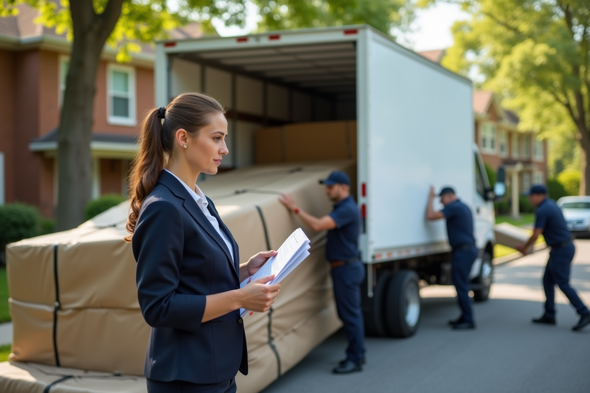 Femme professionnelle vérifiant une facture avec déménageurs à l