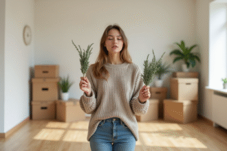 Jeune femme dans un salon en rénovation avec des boîtes