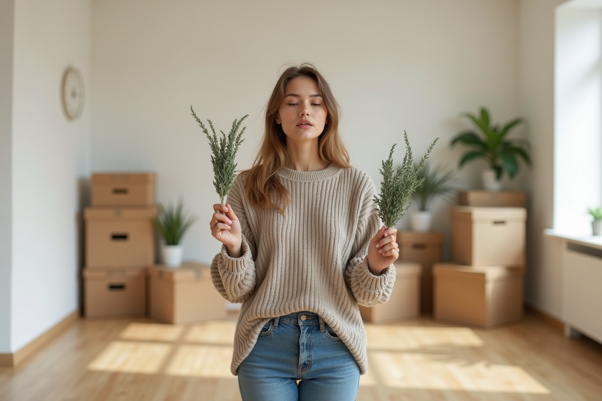 Jeune femme dans un salon en rénovation avec des boîtes
