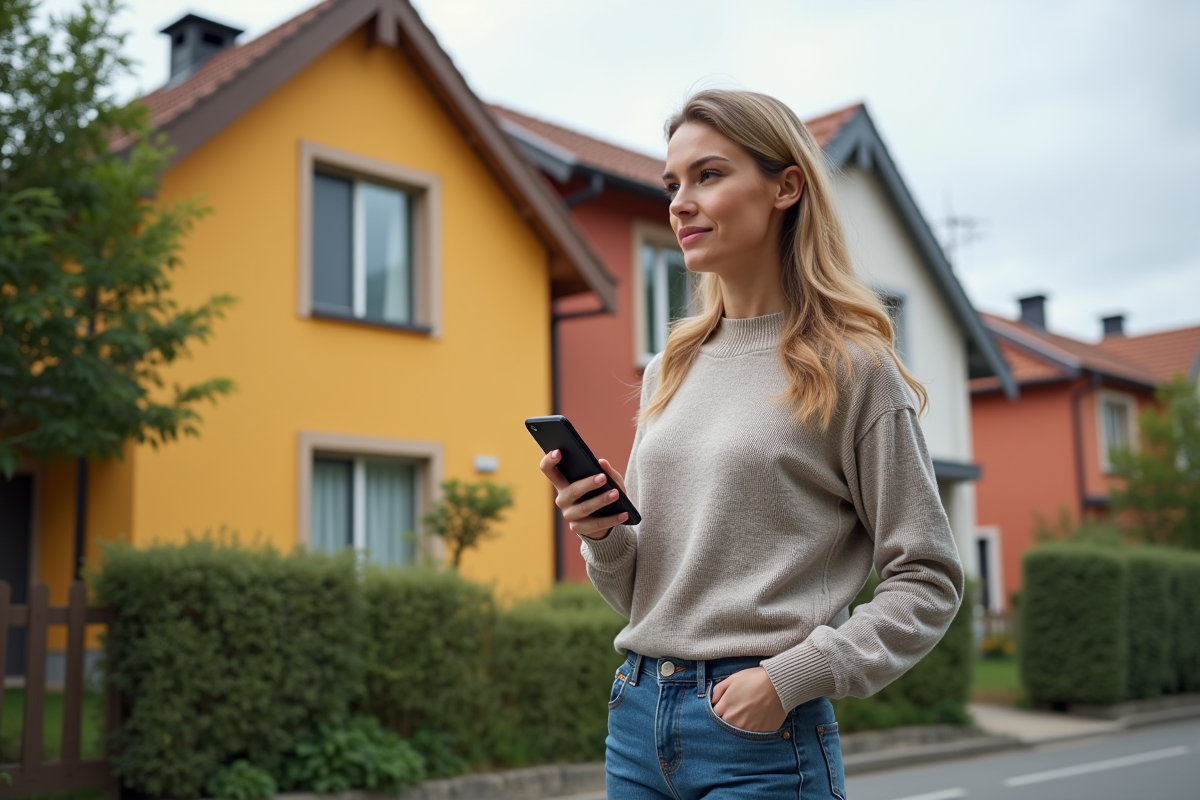 Femme regardant une estimation de renovation sur smartphone