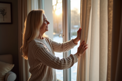 Femme dans un intérieur chaleureux ferme un rideau thermique