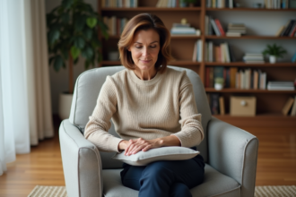 Femme assise dans un salon moderne évaluant un coussin