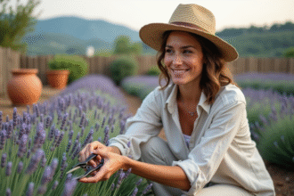 Femme en chapeau de paille taillant la lavande en plein air