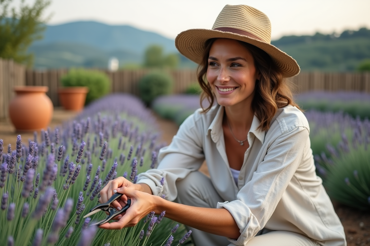 Femme en chapeau de paille taillant la lavande en plein air